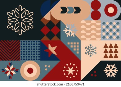 Colorful mosaic pattern with snow flakes, christmas tree and stars. Flat geometric design for Christmas or New Year. Vector illustration in bright cold colors.