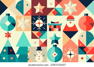 Colorful mosaic pattern with snowman, christmas tree and stars. Flat geometric design for Christmas or New Year. Vector illustration in bright cold colors.