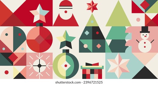 Colorful mosaic pattern with snowman, christmas tree and stars. Flat geometric background for Christmas or New Year.