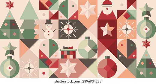 Patrón de mosaico colorido con muñeco de nieve, árbol de navidad y estrellas. Fondo geométrico plano para Navidad o Año Nuevo.