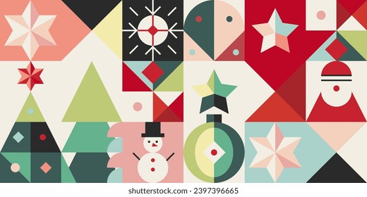 Colorful mosaic pattern with snowman, christmas tree and stars. Flat geometric background for Christmas or New Year.