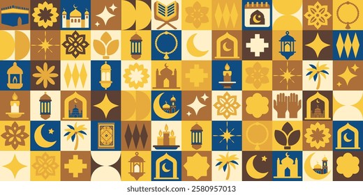 A colorful mosaic of Ramadan symbols and patterns, including a palm tree, a star, and a crescent moon