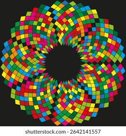 Colorful mosaic ring. Abstract vector circle. Vibrant tiled wheel. Black background contrast.