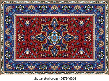 Colorful mosaic rug with classical traditional geometric ornament and floral motifs. Carpet border frame pattern. 323 x 223 cells. Vector 10 EPS illustration.