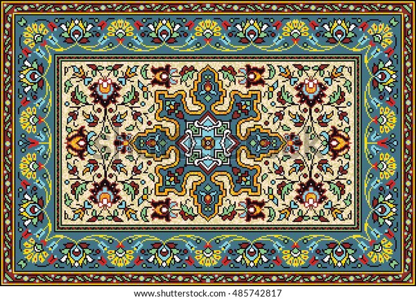 「伝統的な花柄と幾何学的な柄を持つカラフルなモザイク絨毯。カーペットの枠のパターン。ベクター画像10 EPSイラスト。」のベクター画像素材