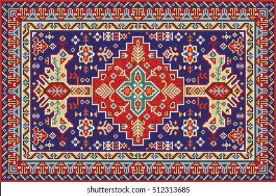 Colorful mosaic rug with traditional folk geometric pattern. Carpet border frame pattern. Vector 10 EPS illustration.