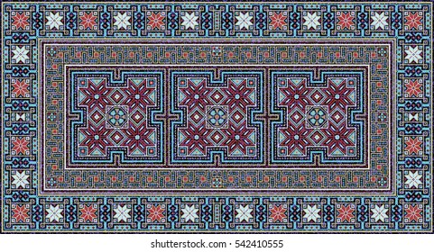 Colorful mosaic rug with traditional folk geometric pattern. Carpet border frame pattern. Vector 10 EPS illustration.
