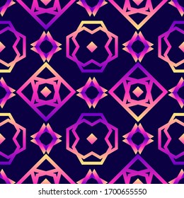 Colorful mosaic seamless pattern. Neon geometric abstract vector wallpaper. Exotic openwork trippy gradient background.	