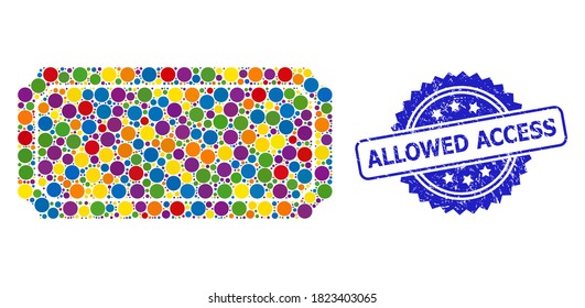 Marco colorido de la entrada de mosaicos y sello de rosette rayado de Allowing Access. El sello azul incluye el texto de acceso permitido dentro de la roseta.