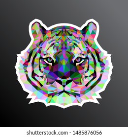 Colorful mosaic tiger face adapted for sticker print.  Low poly design. Vector, EPS10