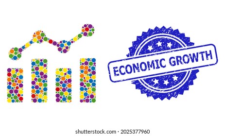 Colorful mosaic trend chart, and Economic Growth corroded rosette stamp seal. Blue stamp seal includes Economic Growth title inside rosette.