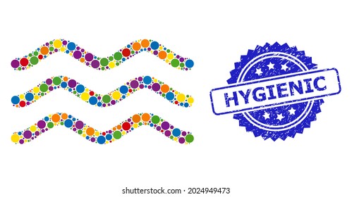 Colorful mosaic water surface, and Hygienic scratched rosette stamp seal. Blue stamp seal includes Hygienic title inside rosette.