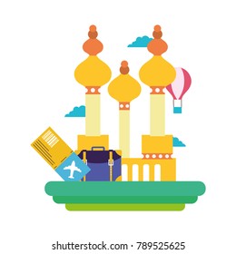 colorful moscow with air balloon and travel backpack
