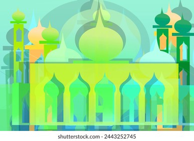 colorful mosque building with blue gradient background