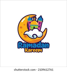 Colorful Mosque And Crescent Moon Ramadan Cartoon Logo Design