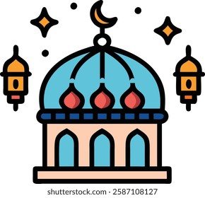 Colorful mosque with hanging lanterns representing Ramadan festivity and spirituality.