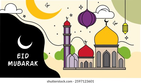 Colorful mosque illustration with crescent moon, lanterns, and festive elements. Perfect for Eid, Ramadan, Islamic greeting cards, posters, and celebration designs.