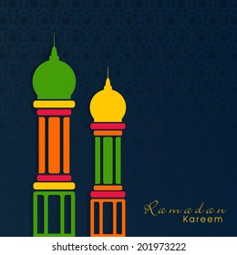 Colorful mosque on black background for holy month of muslim community Ramadan Kareem. 