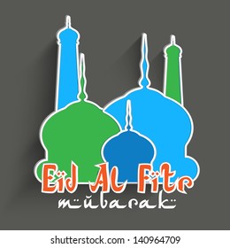 Mezquita de colores sobre fondo gris con texto Eid Al Fitra Mubarak (Feliz Eid)