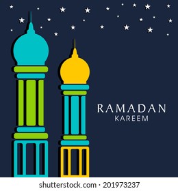 Colorful mosque on shiny blue background for holy month of Muslim community Ramadan Kareem. 