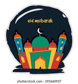 Colorful mosque on star light night background for Muslim community festival, Eid Mubarak celebration.