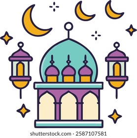 Colorful mosque with stars and crescent representing Ramadan festivity.