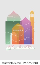 Colorful mosques poster to celebrate "Eid al-Adha" as a text of the poster. "Eid al-Adha" is Muslims celebration to commemorate both Abraham's Devotion and the survival of his Son