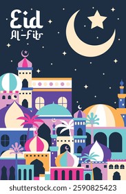 Colorful mosques poster design to celebrate eid al fitr