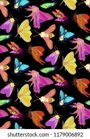 Colorful moth seamless pattern on black background