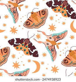 Colorful moth seamless pattern on white background.Flying magic insects with floral and animal ornament,stars,moon.Mystic symbols and occult signs.Boho style vector design for printing on fabric.