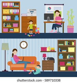 Colorful motherhood horizontal banners with mother working on maternity leave at home and freelancer mom vector illustration