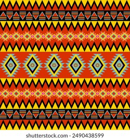 Colorful Motif in Red. Native American Tribal Pattern Style. Aztec Chevron Stripe Border with blue black yellow zigzag decoration, hippie, gypsy, hot and cool tone seamless pattern geometric vector 