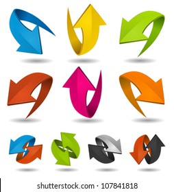 Colorful Motion Arrows Set/ Illustration of a collection of abstract glossy dynamic arrows on white background, for connection, recyclable and refresh symbols