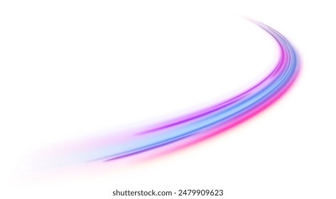 A Colorful Motion Background of City Light Trails. Purple glowing wave swirl, impulse cable lines. Vector png swirl trail effect. Cyberpunk light trails in motion or light, light motion trails.PNG.	
