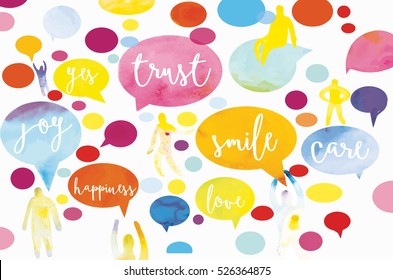 Colorful motivation speech bubbles with people silhouettes  with watercolor texture. Vector illustration in modern style