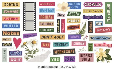 Colorful motivational stickers with days and seasonal themes. To do vector set of magazine cut-out worlds.