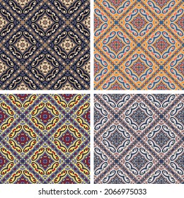   Colorful motley seamless pattern with Indian motives. Vector set of four illustrations  for print, fabric, cover, packaging, interior decor, blog decoration and other your projects.