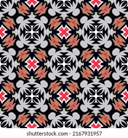 Colorful motley seamless pattern with Scandinavian motives. Overlapping art forms, stripes, polygons, segments are grouped and arranged in a certain order. Vector. 
