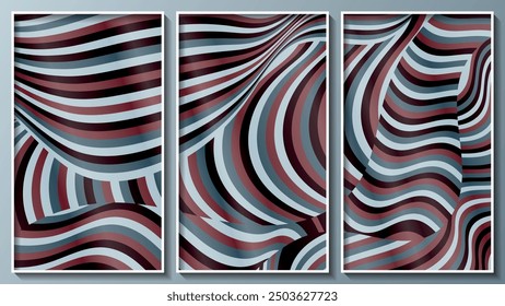 Colorful motley striped art triptych. Composition of three images in white thin frames for interior decoration, blog design, social media accounts, corporate design and your other projects. Vector.