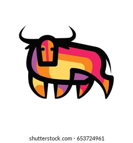 Colorful motley stylized drawing of stand bull or cow for signs, icons and symbols