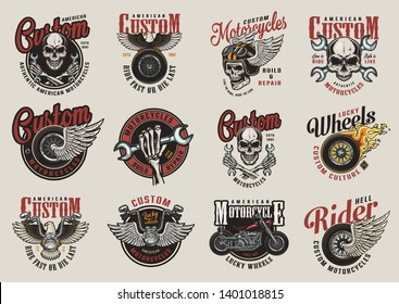 Colorful motorcycle labels with motorcyclist skulls wrenches motorbike eagle winged moto tyre helmet and steering wheel in vintage style isolated vector illustration