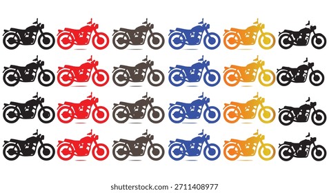 Colorido Paquete de silueta de motocicleta con múltiples variaciones de moto en negro, rojo, marrón, azul y amarillo. Ideal para calcomanías, carteles, Diseño gráfico y proyectos automotrices.