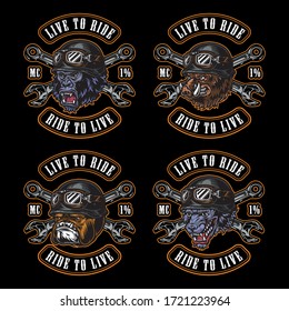 Colorful motorcycle vintage prints with letterings crossed spanners skull and aggressive animals heads in biker helmets and goggles isolated vector illustration