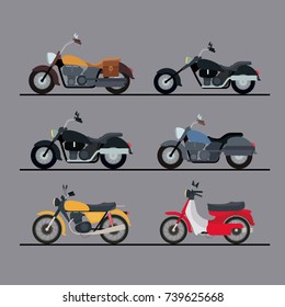 colorful motorcycles set with several models in gray background vector illustration