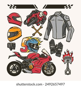 Colorful Motorsports Gear and Accessories Illustration Featuring Helmets Jackets Gloves and Bikes for Racers