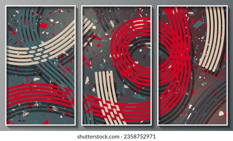 Colorful mottled expressionist triptych.A composition of three images in white thin frames for interior decoration, blog design, social media accounts, corporate design and your other projects.Vector.