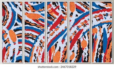 Colorful mottled textured abstract triptych. A composition of three images in white thin frames for interior decor, social media accounts, corporate design and your other projects. Vector.