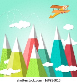 Colorful Mountain Background With A Biplane Cartoon Style