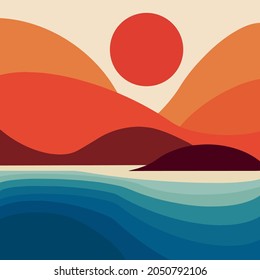 colorful mountain, blue sea and red sun