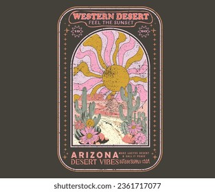 Montaña colorida. Diseño de camisetas vectoriales de vibraciones del desierto. Ilustración de gráficos de montaña del desierto. Siente el diseño de la puesta de sol. Cactus y flor primaveral.